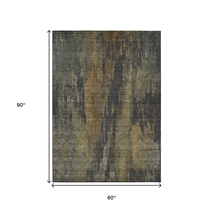 5' X 8' Charcoal And Gold Abstract Washable Indoor Outdoor Area Rug