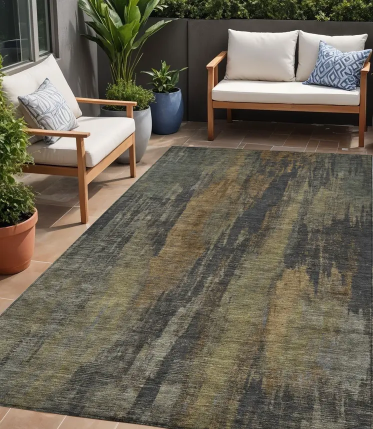 5' X 8' Charcoal And Gold Abstract Washable Indoor Outdoor Area Rug