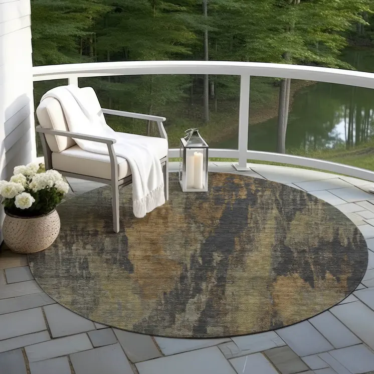 8' Charcoal And Gold Round Abstract Washable Indoor Outdoor Area Rug