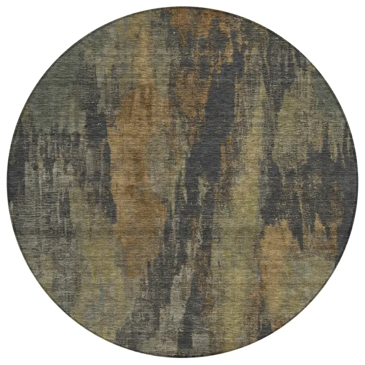 8' Charcoal And Gold Round Abstract Washable Indoor Outdoor Area Rug