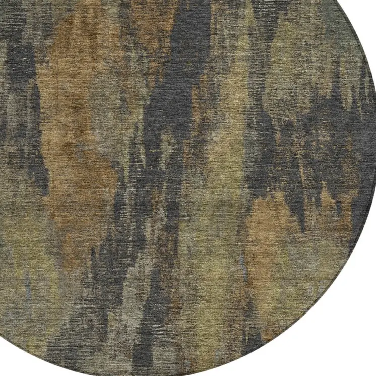 8' Charcoal And Gold Round Abstract Washable Indoor Outdoor Area Rug