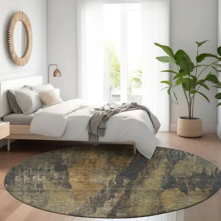 8' Charcoal And Gold Round Abstract Washable Indoor Outdoor Area Rug