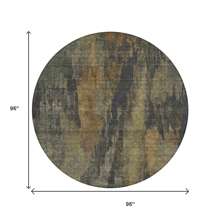 8' Charcoal And Gold Round Abstract Washable Indoor Outdoor Area Rug