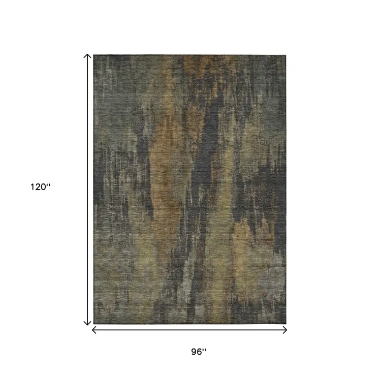 8' X 10' Charcoal And Gold Abstract Washable Indoor Outdoor Area Rug