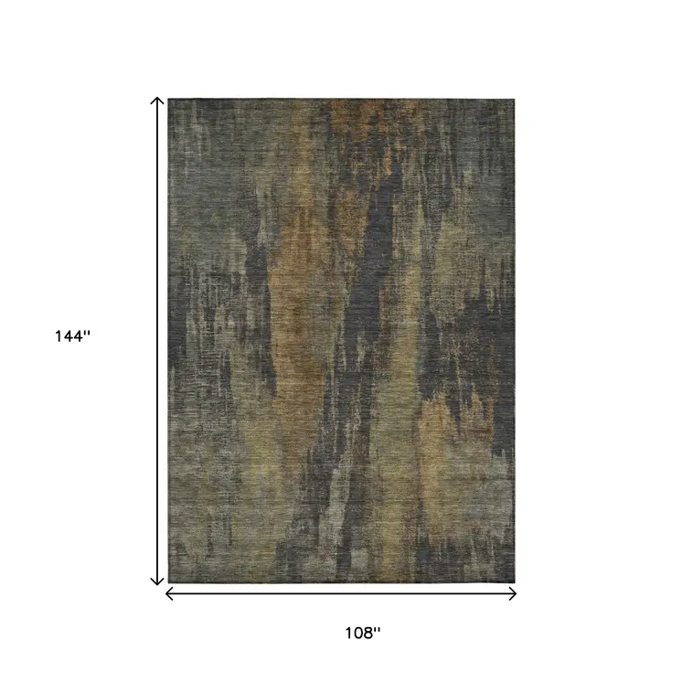9' X 12' Charcoal And Gold Abstract Washable Indoor Outdoor Area Rug