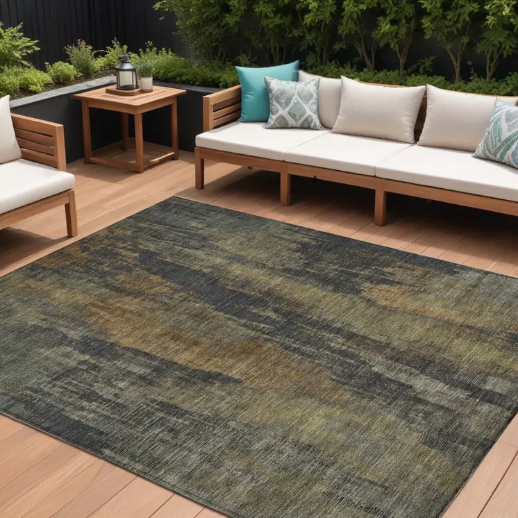 9' X 12' Charcoal And Gold Abstract Washable Indoor Outdoor Area Rug