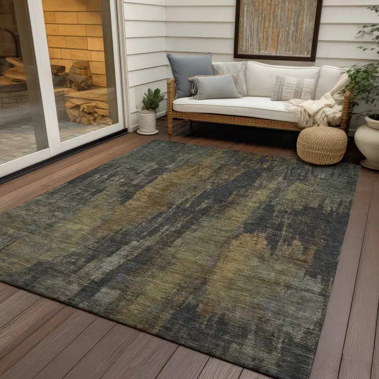 9' X 12' Charcoal And Gold Abstract Washable Indoor Outdoor Area Rug