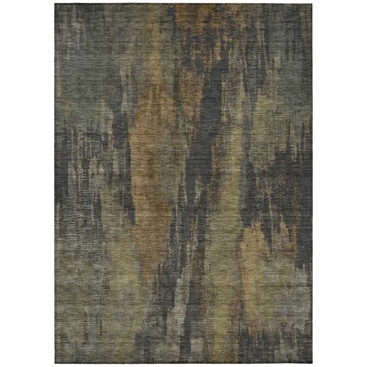 9' X 12' Charcoal And Gold Abstract Washable Indoor Outdoor Area Rug