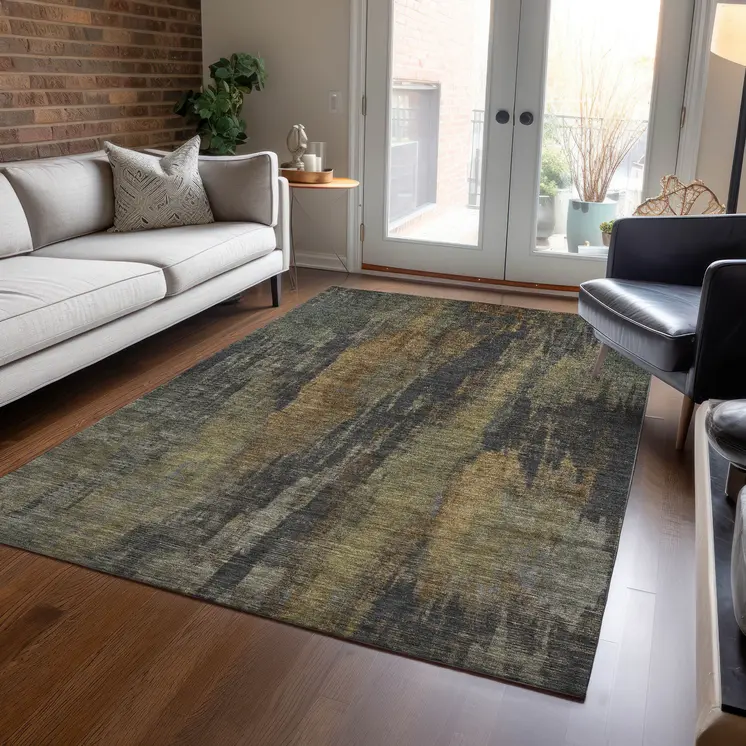 9' X 12' Charcoal And Gold Abstract Washable Indoor Outdoor Area Rug