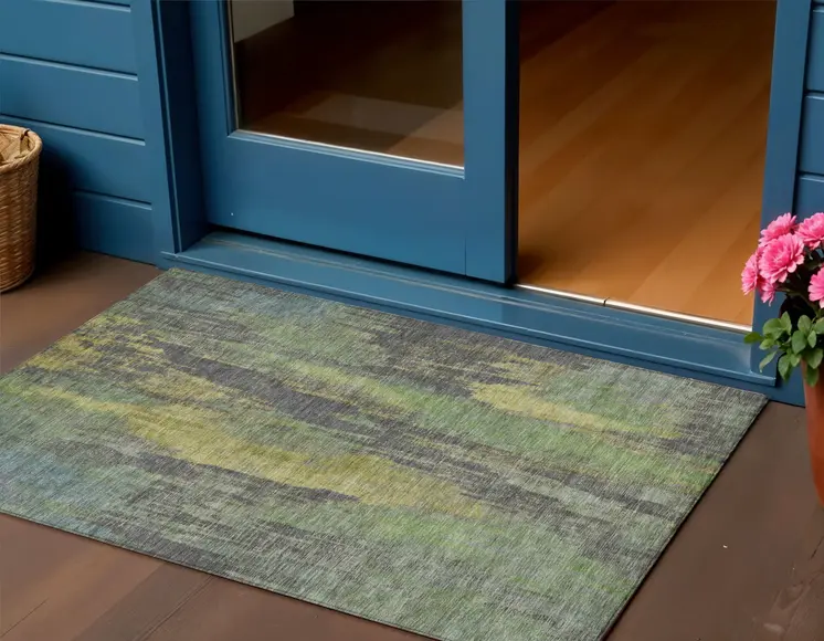 3' X 5' Green And Gold Abstract Washable Indoor Outdoor Area Rug