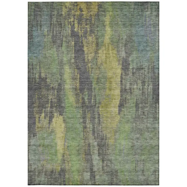 5' X 8' Green And Gold Abstract Washable Indoor Outdoor Area Rug