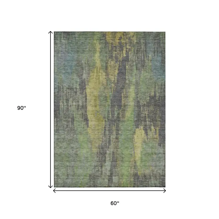 5' X 8' Green And Gold Abstract Washable Indoor Outdoor Area Rug