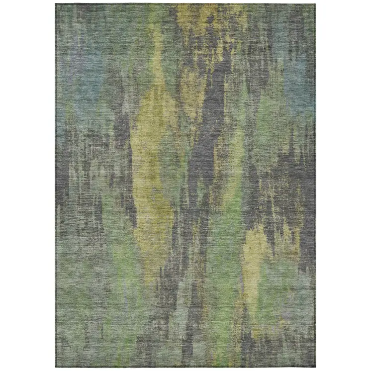 5' X 8' Green And Gold Abstract Washable Indoor Outdoor Area Rug