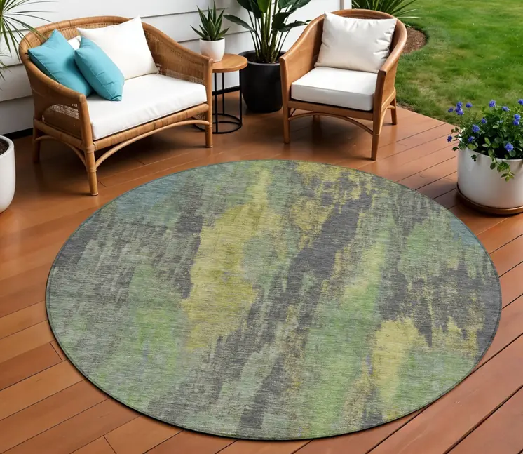 8' Green And Gold Round Abstract Washable Indoor Outdoor Area Rug