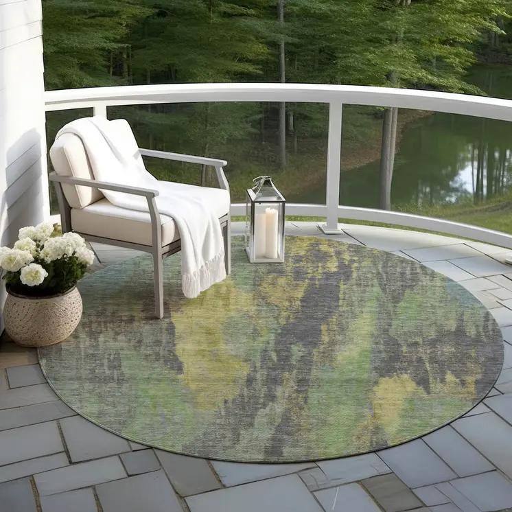 8' Green And Gold Round Abstract Washable Indoor Outdoor Area Rug