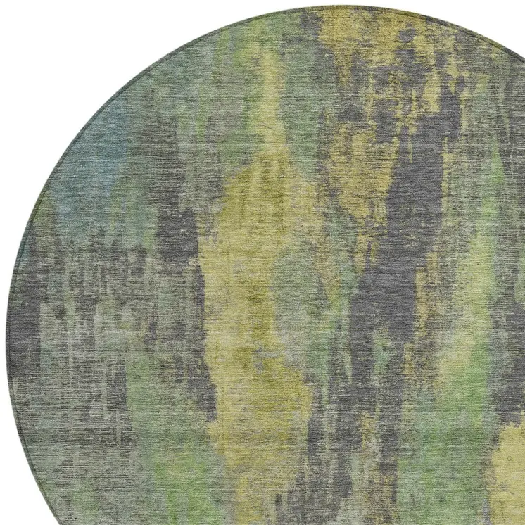 8' Green And Gold Round Abstract Washable Indoor Outdoor Area Rug