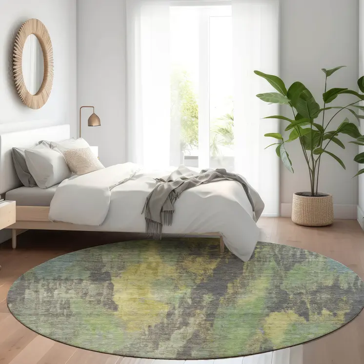 8' Green And Gold Round Abstract Washable Indoor Outdoor Area Rug