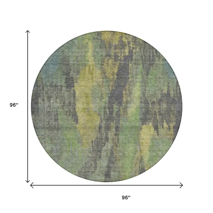 8' Green And Gold Round Abstract Washable Indoor Outdoor Area Rug