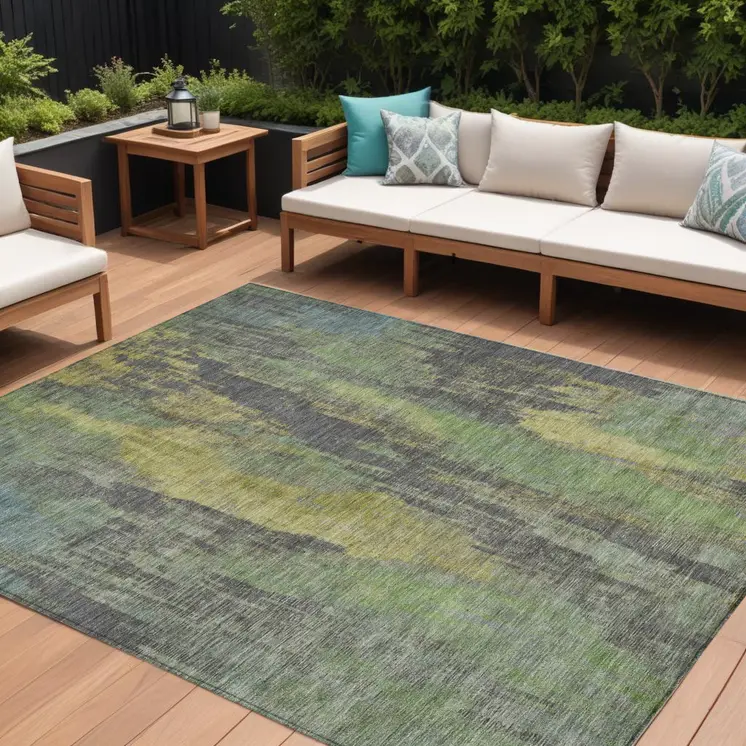 8' X 10' Green And Gold Abstract Washable Indoor Outdoor Area Rug