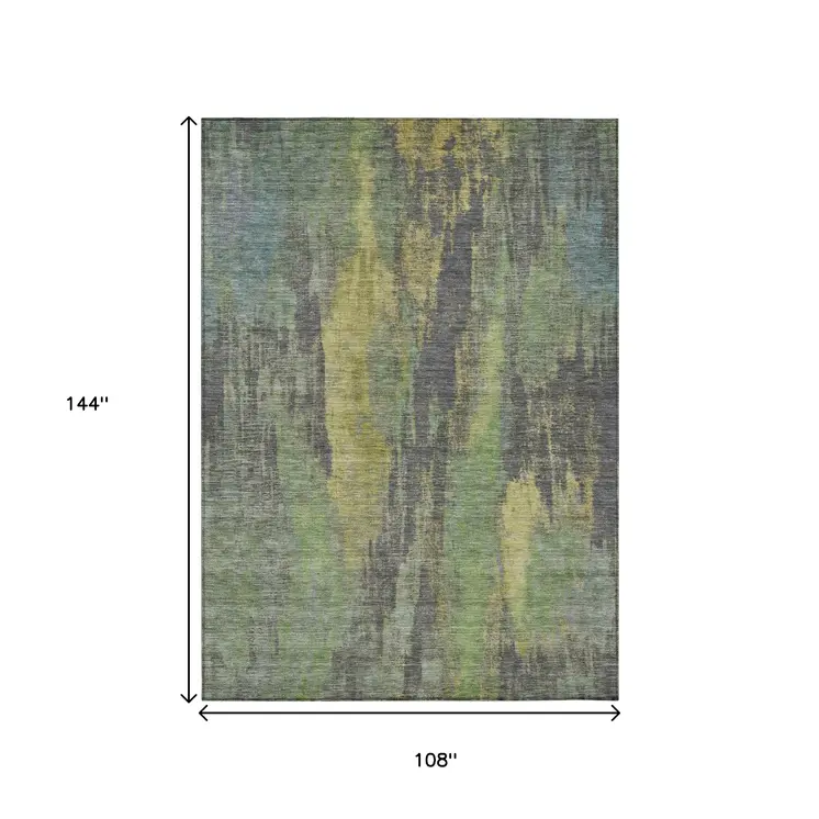 9' X 12' Green And Gold Abstract Washable Indoor Outdoor Area Rug