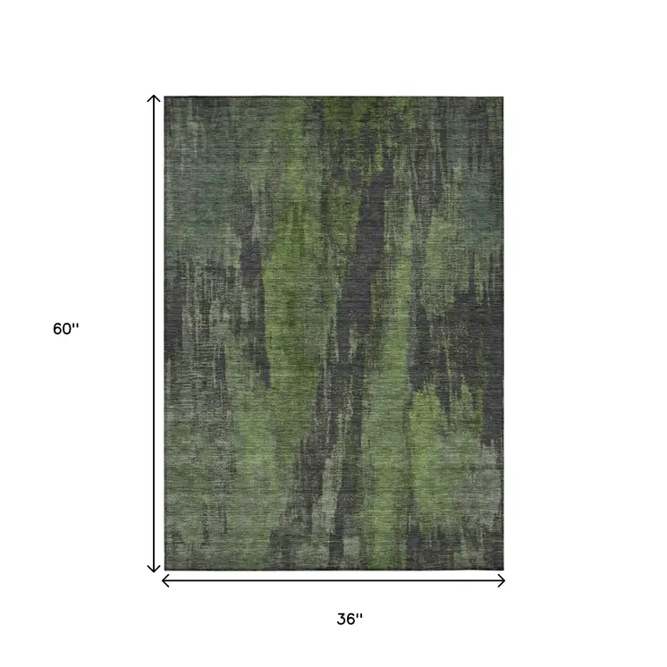 3' X 5' Olive Green And Charcoal Abstract Washable Indoor Outdoor Area Rug