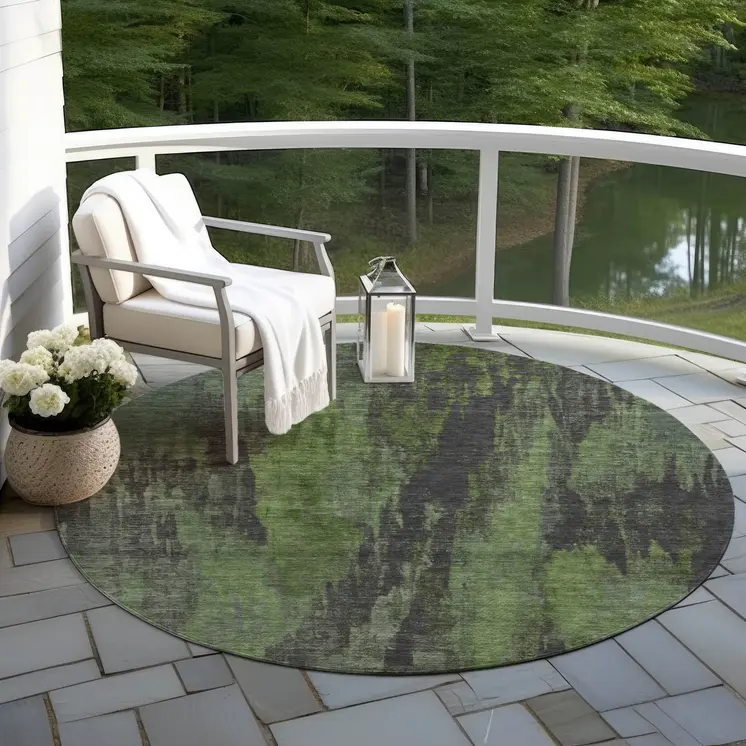 8' Olive Green And Charcoal Round Abstract Washable Indoor Outdoor Area Rug