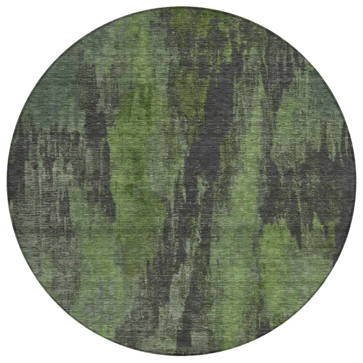 8' Olive Green And Charcoal Round Abstract Washable Indoor Outdoor Area Rug