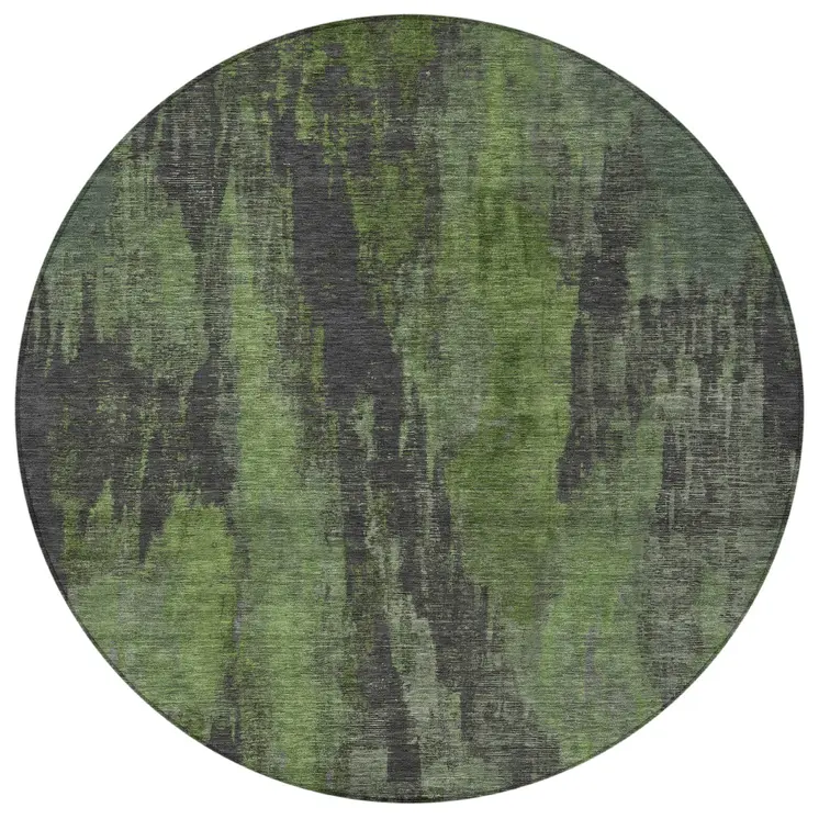 8' Olive Green And Charcoal Round Abstract Washable Indoor Outdoor Area Rug