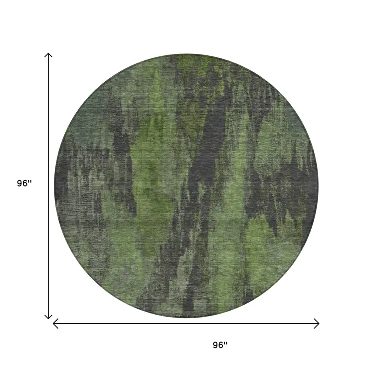 8' Olive Green And Charcoal Round Abstract Washable Indoor Outdoor Area Rug