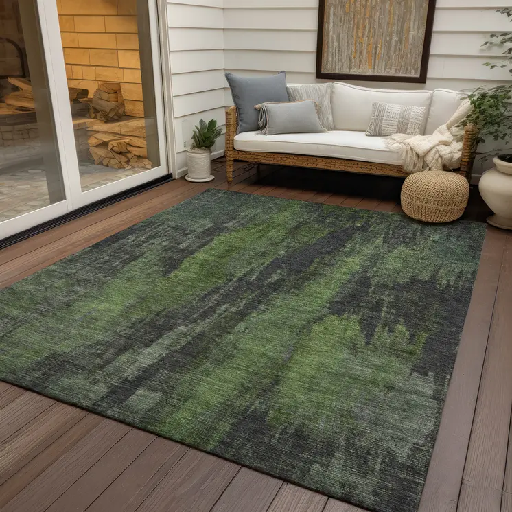 8' X 10' Olive Green And Charcoal Abstract Washable Indoor Outdoor Area Rug