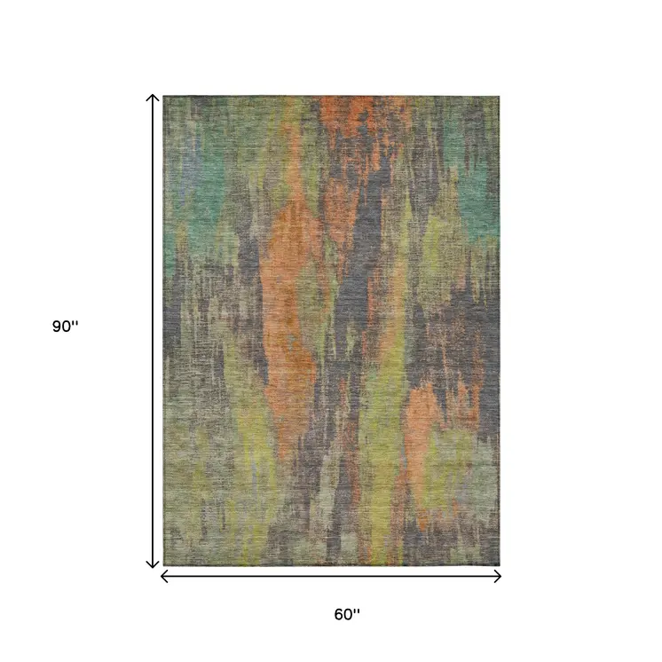 5' X 8' Orange And Teal Blue Abstract Washable Indoor Outdoor Area Rug