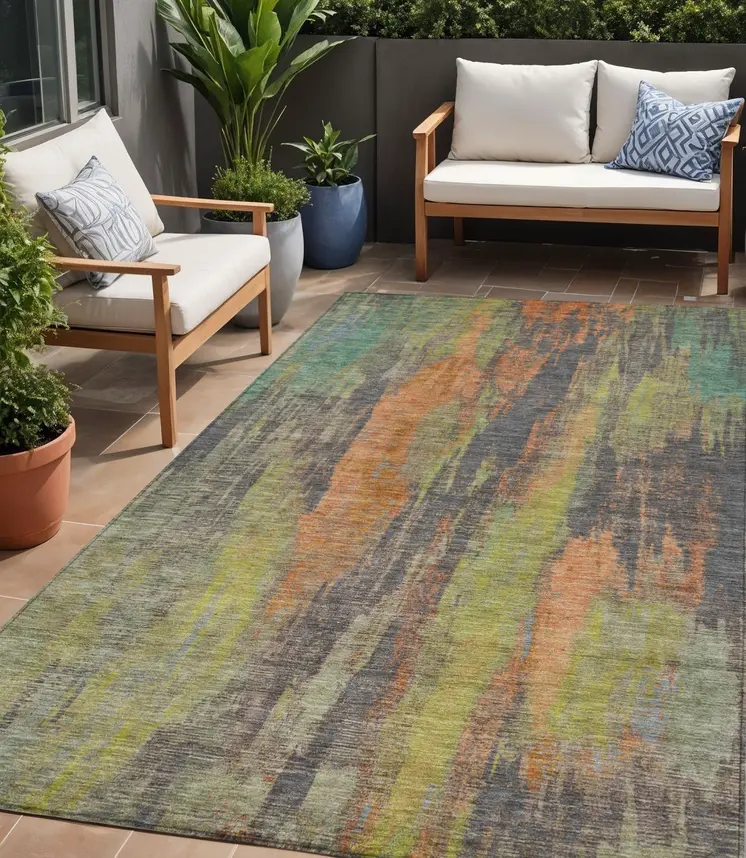 5' X 8' Orange And Teal Blue Abstract Washable Indoor Outdoor Area Rug