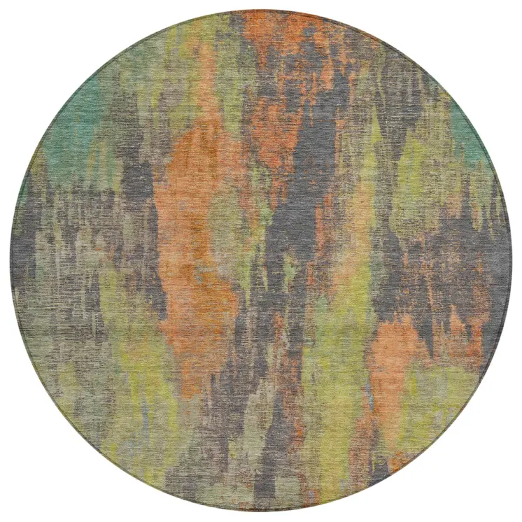 8' Orange And Teal Blue Round Abstract Washable Indoor Outdoor Area Rug