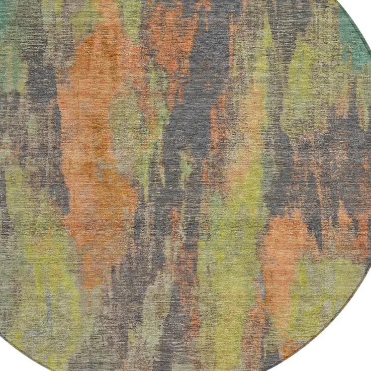 8' Orange And Teal Blue Round Abstract Washable Indoor Outdoor Area Rug