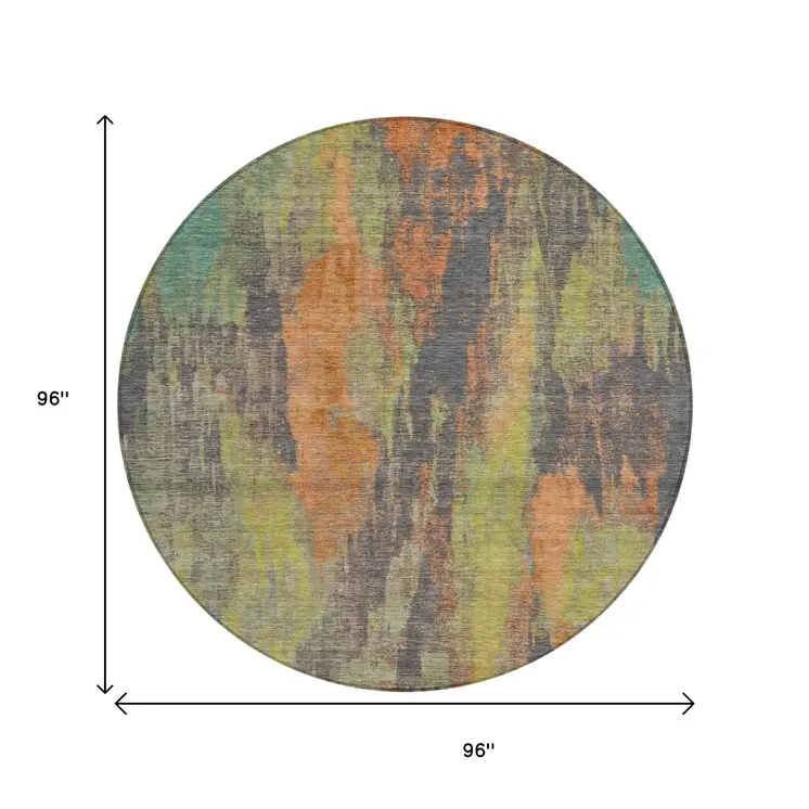 8' Orange And Teal Blue Round Abstract Washable Indoor Outdoor Area Rug
