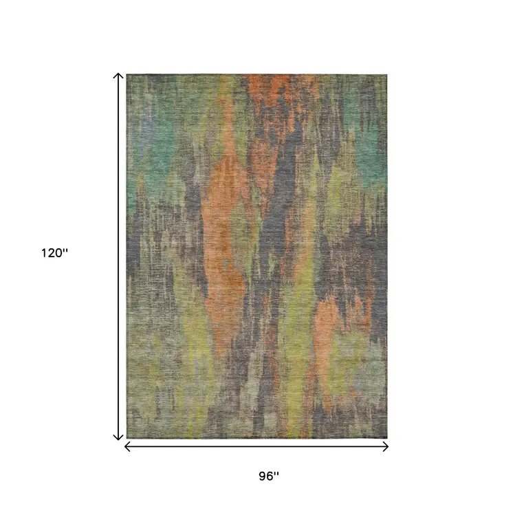 8' X 10' Orange And Teal Blue Abstract Washable Indoor Outdoor Area Rug