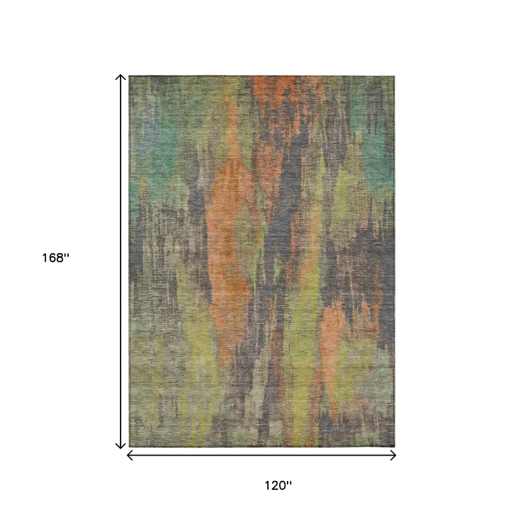 10' X 14' Orange And Teal Blue Abstract Washable Indoor Outdoor Area Rug