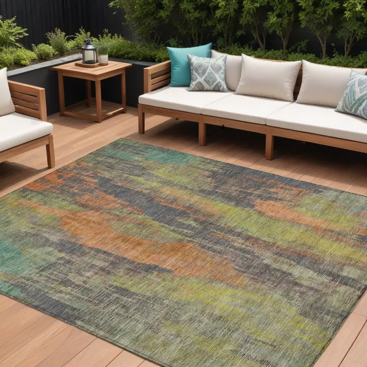 10' X 14' Orange And Teal Blue Abstract Washable Indoor Outdoor Area Rug