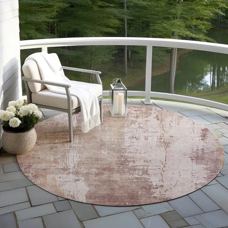 8' Blush And Ivory Round Abstract Washable Indoor Outdoor Area Rug