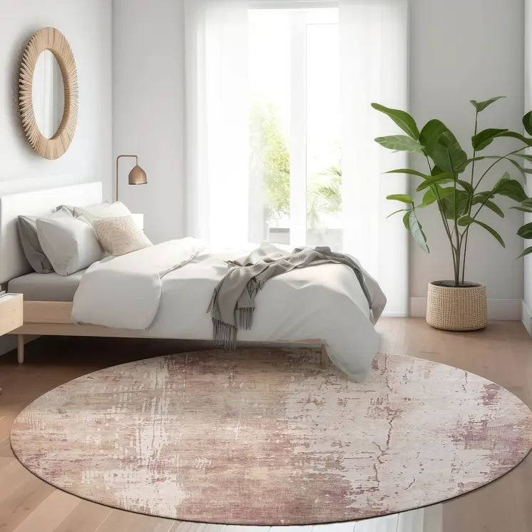 8' Blush And Ivory Round Abstract Washable Indoor Outdoor Area Rug