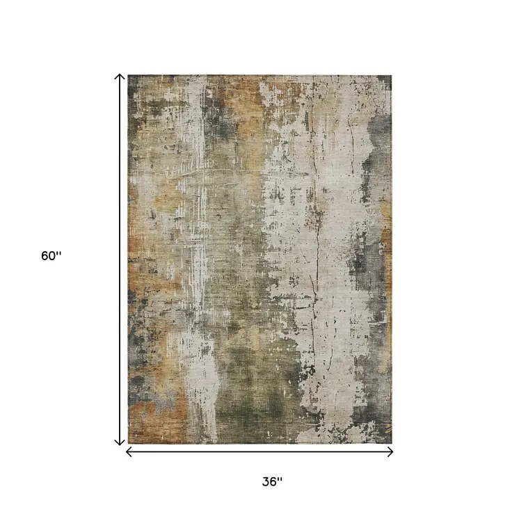 3' X 5' Olive Green And Ivory Abstract Washable Indoor Outdoor Area Rug
