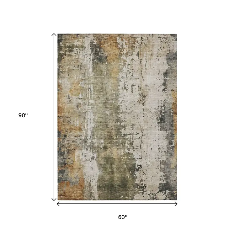 5' X 8' Olive Green And Ivory Abstract Washable Indoor Outdoor Area Rug