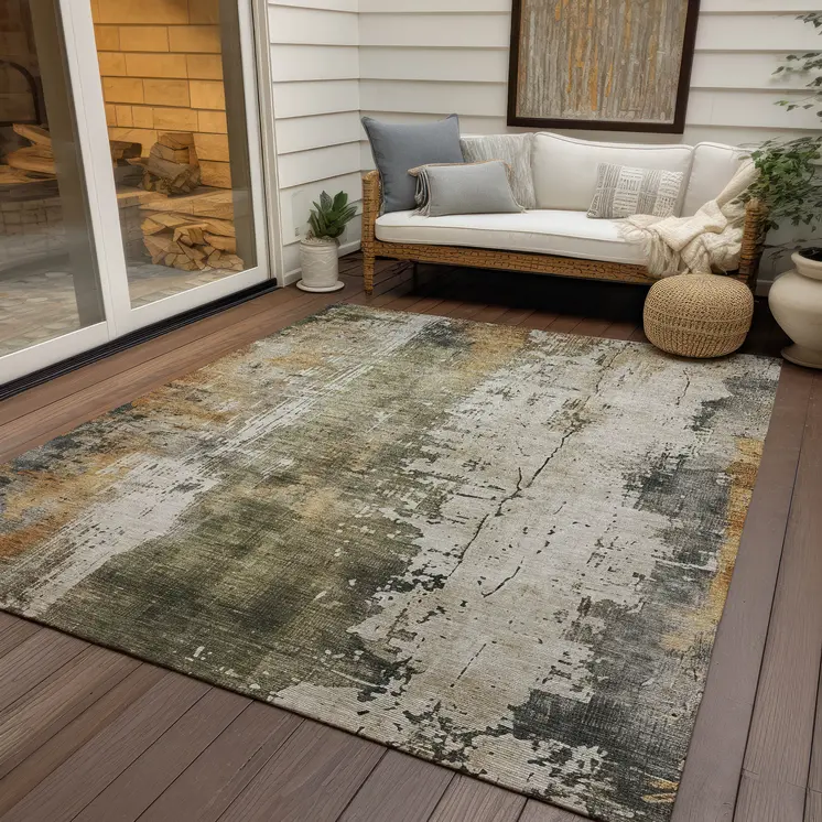 5' X 8' Olive Green And Ivory Abstract Washable Indoor Outdoor Area Rug