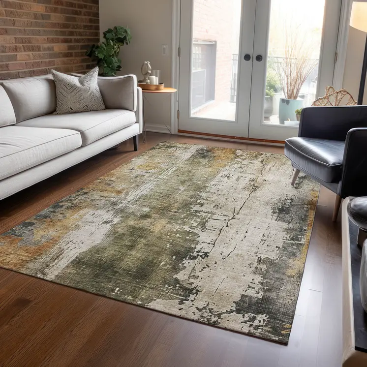 5' X 8' Olive Green And Ivory Abstract Washable Indoor Outdoor Area Rug