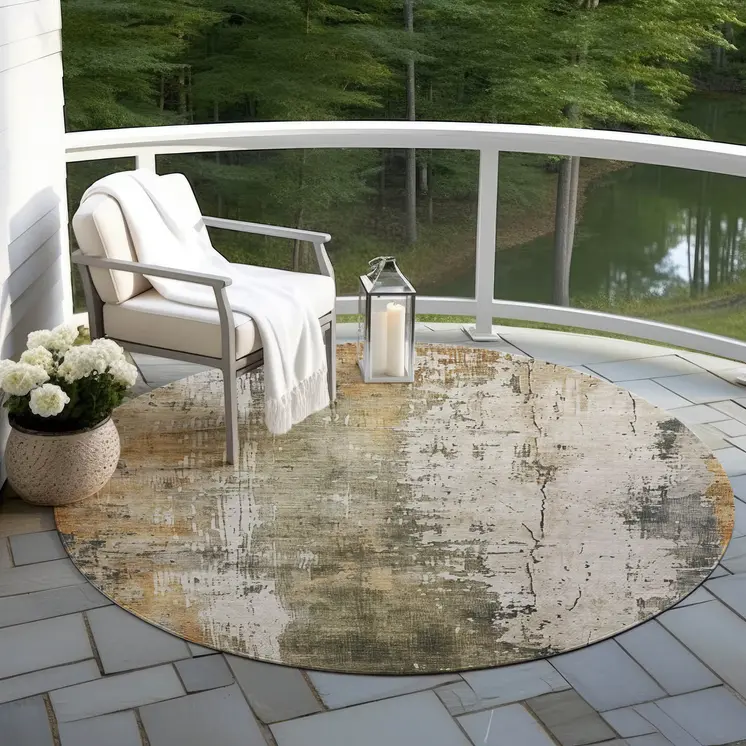 8' Olive Green And Ivory Round Abstract Washable Indoor Outdoor Area Rug