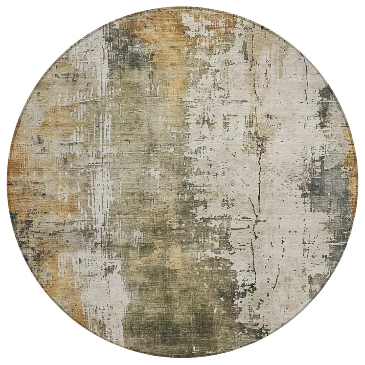8' Olive Green And Ivory Round Abstract Washable Indoor Outdoor Area Rug