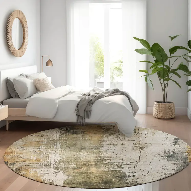 8' Olive Green And Ivory Round Abstract Washable Indoor Outdoor Area Rug