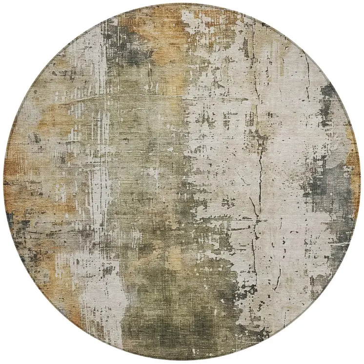 8' Olive Green And Ivory Round Abstract Washable Indoor Outdoor Area Rug