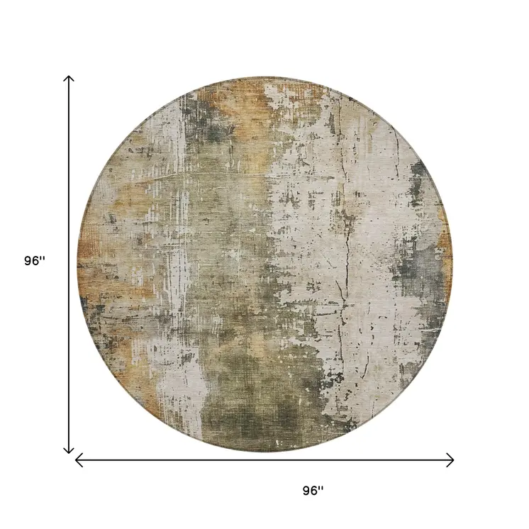 8' Olive Green And Ivory Round Abstract Washable Indoor Outdoor Area Rug