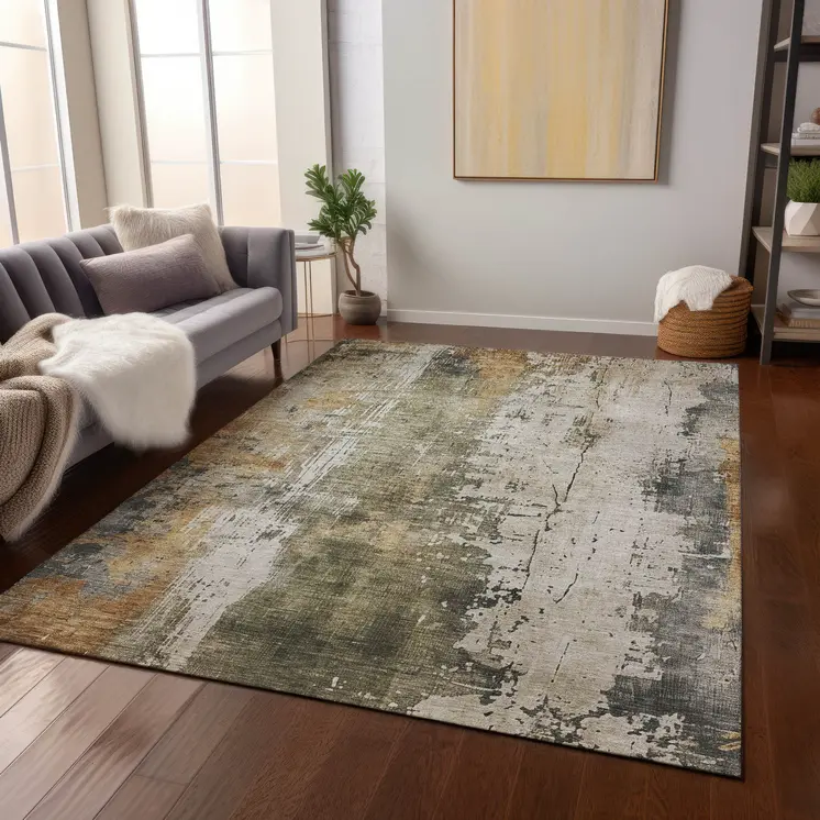 10' X 14' Olive Green And Ivory Abstract Washable Indoor Outdoor Area Rug